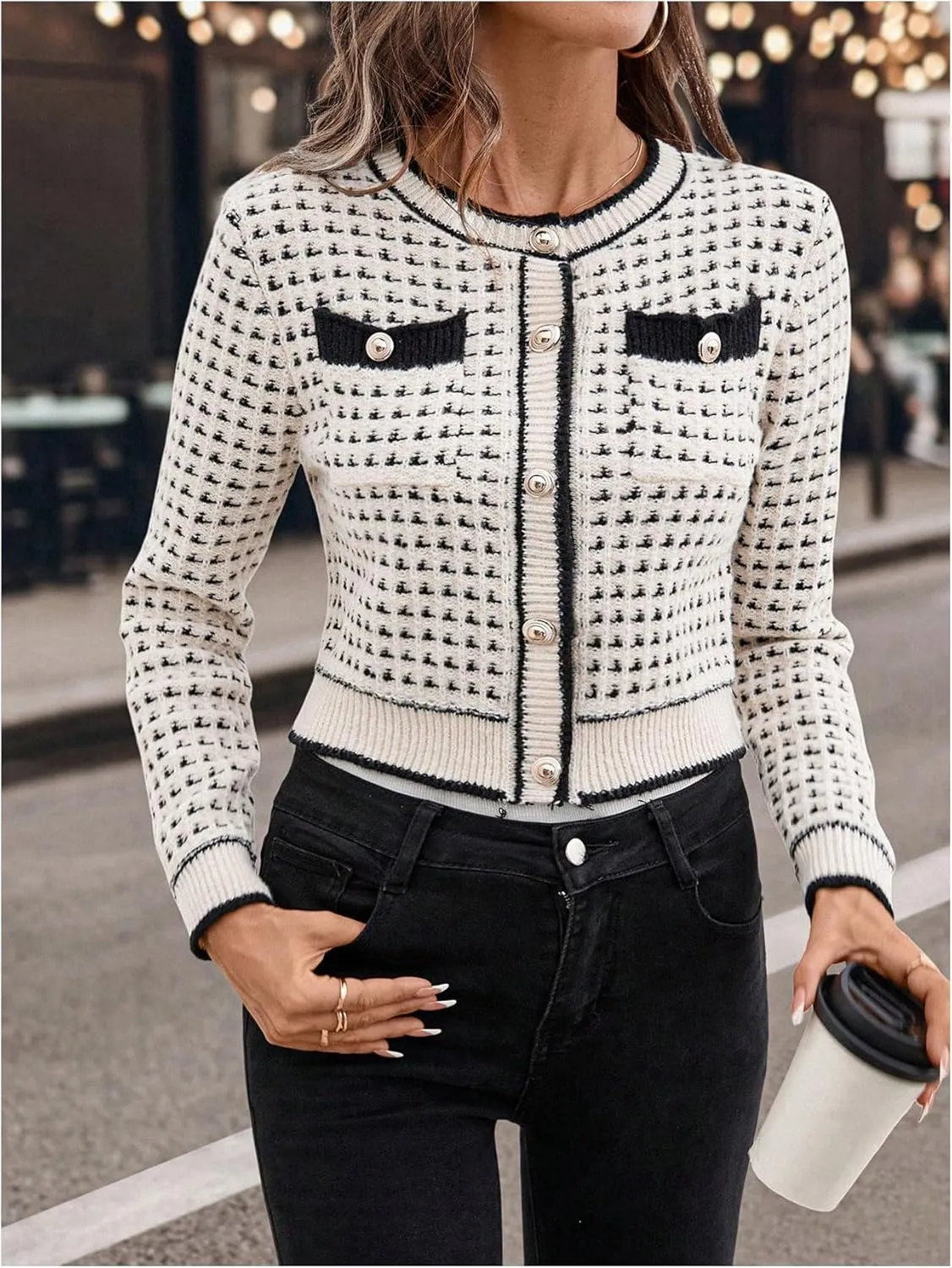 GORGLITTER Women's Contrast Binding Plaid Button Down Sweater Cardigan Color Block Long Sleeve Sweaters Outerwear