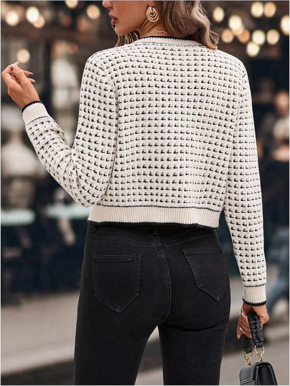GORGLITTER Women's Contrast Binding Plaid Button Down Sweater Cardigan Color Block Long Sleeve Sweaters Outerwear