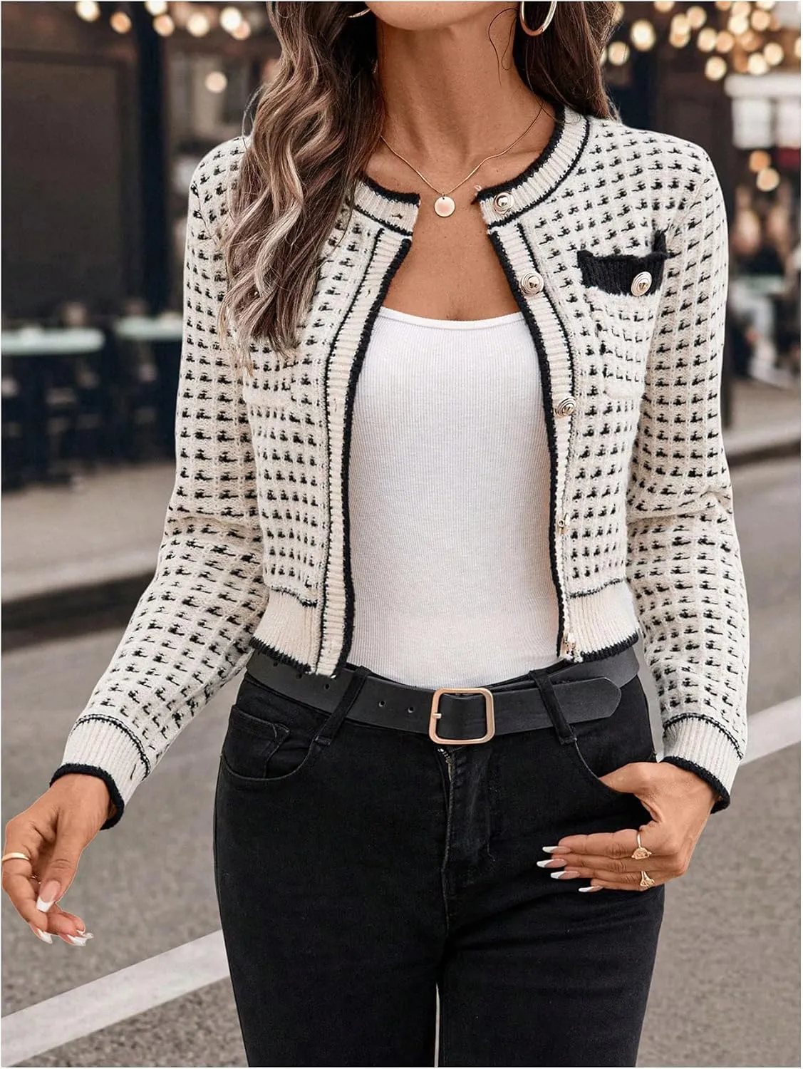 GORGLITTER Women's Contrast Binding Plaid Button Down Sweater Cardigan Color Block Long Sleeve Sweaters Outerwear