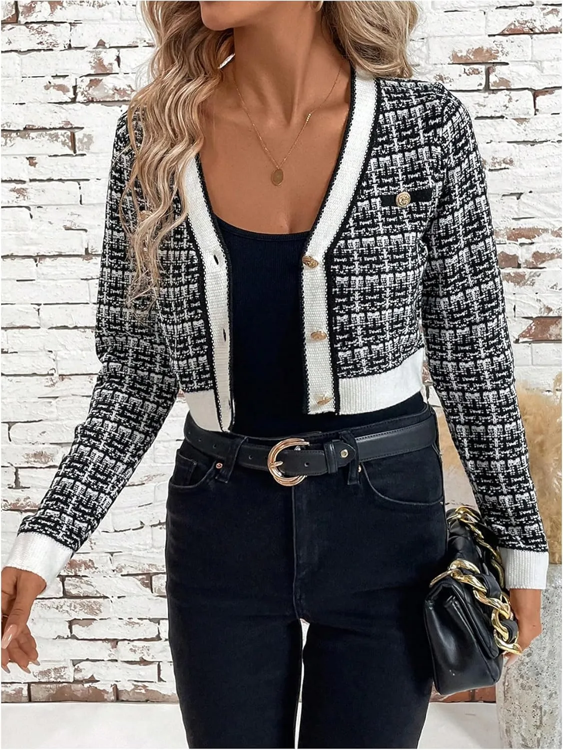 GORGLITTER Women's Contrast Binding Plaid Button Down Sweater Cardigan Color Block Long Sleeve Sweaters Outerwear