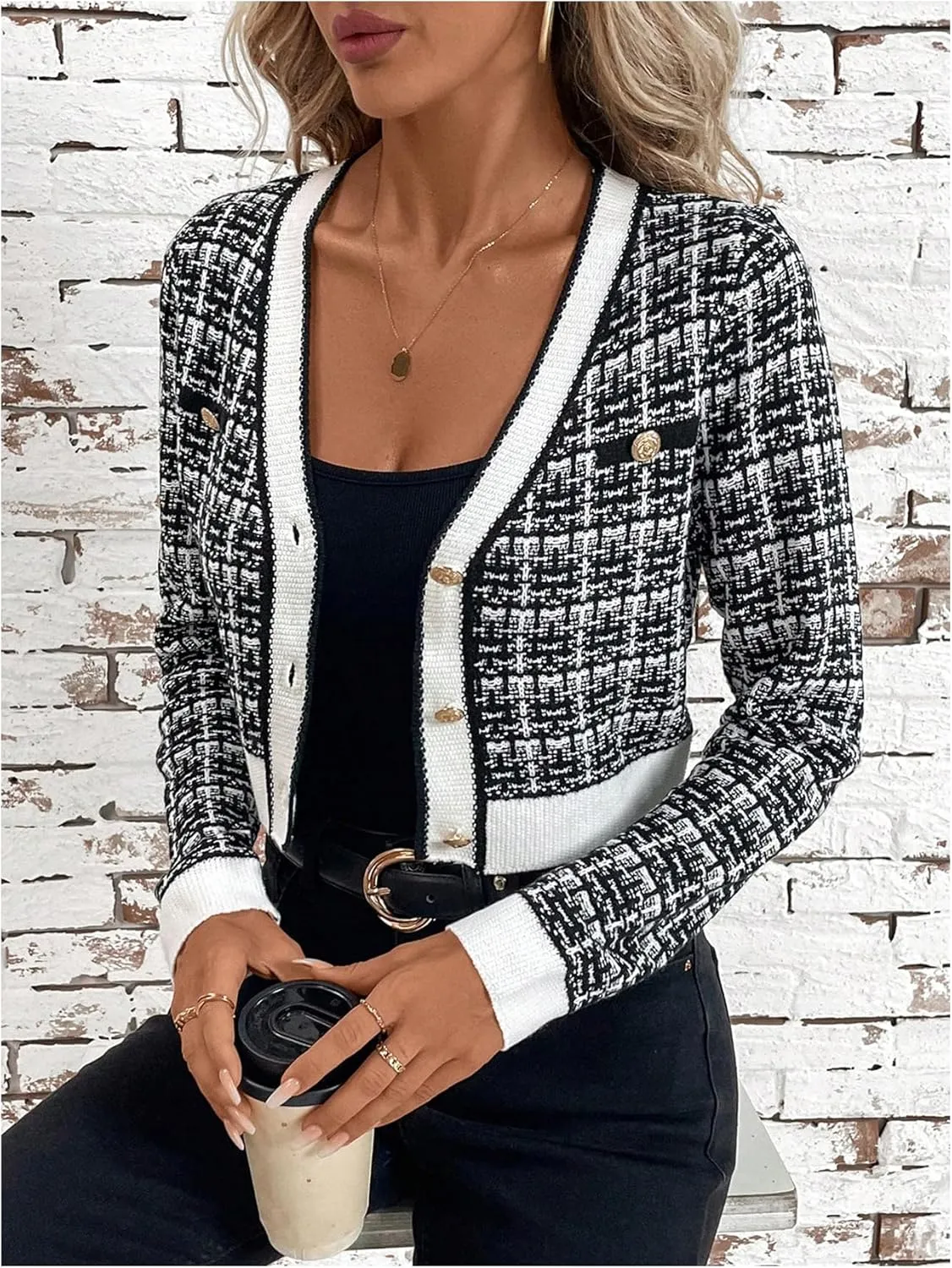GORGLITTER Women's Contrast Binding Plaid Button Down Sweater Cardigan Color Block Long Sleeve Sweaters Outerwear
