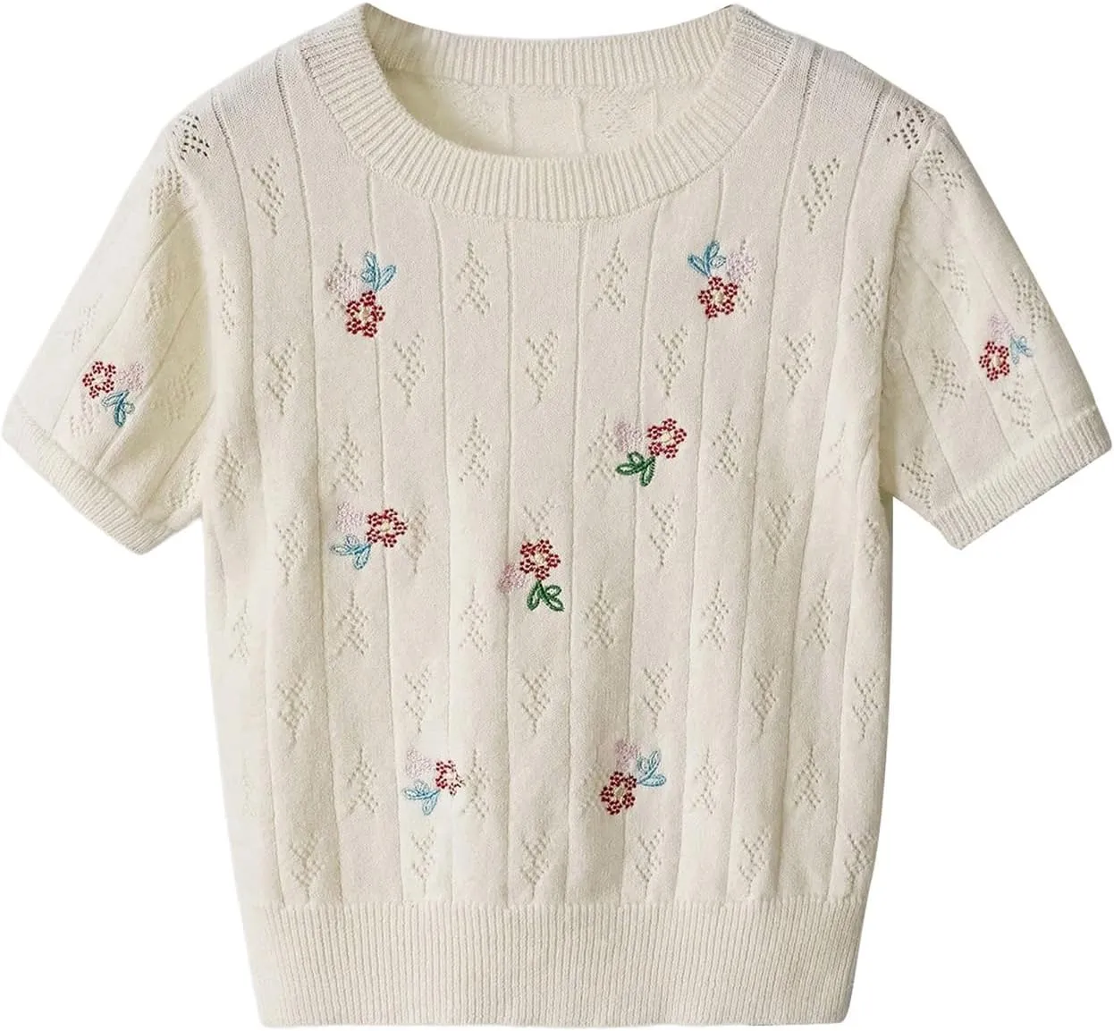 GORGLITTER Women's Floral Embroidery Sweaters Cable Knit Short Sleeve Crewneck Pullover Tops