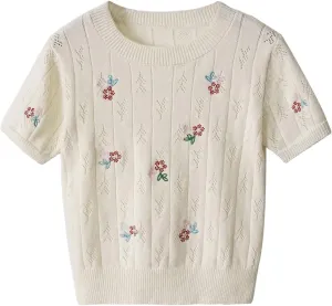GORGLITTER Women's Floral Embroidery Sweaters Cable Knit Short Sleeve Crewneck Pullover Tops