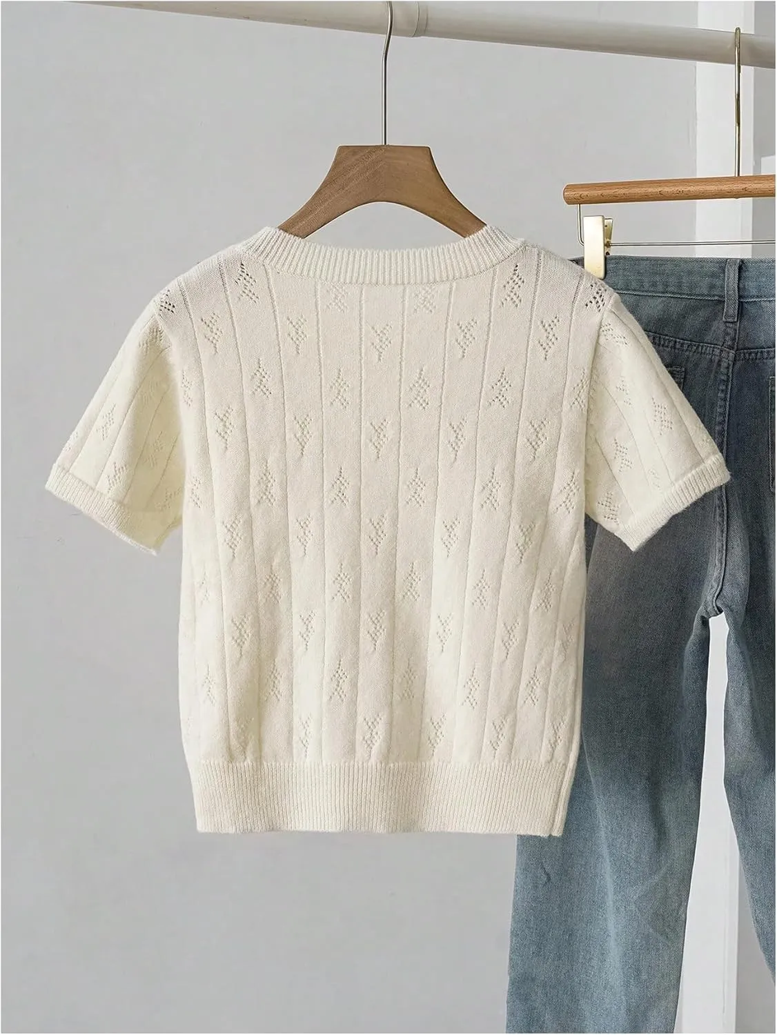 GORGLITTER Women's Floral Embroidery Sweaters Cable Knit Short Sleeve Crewneck Pullover Tops