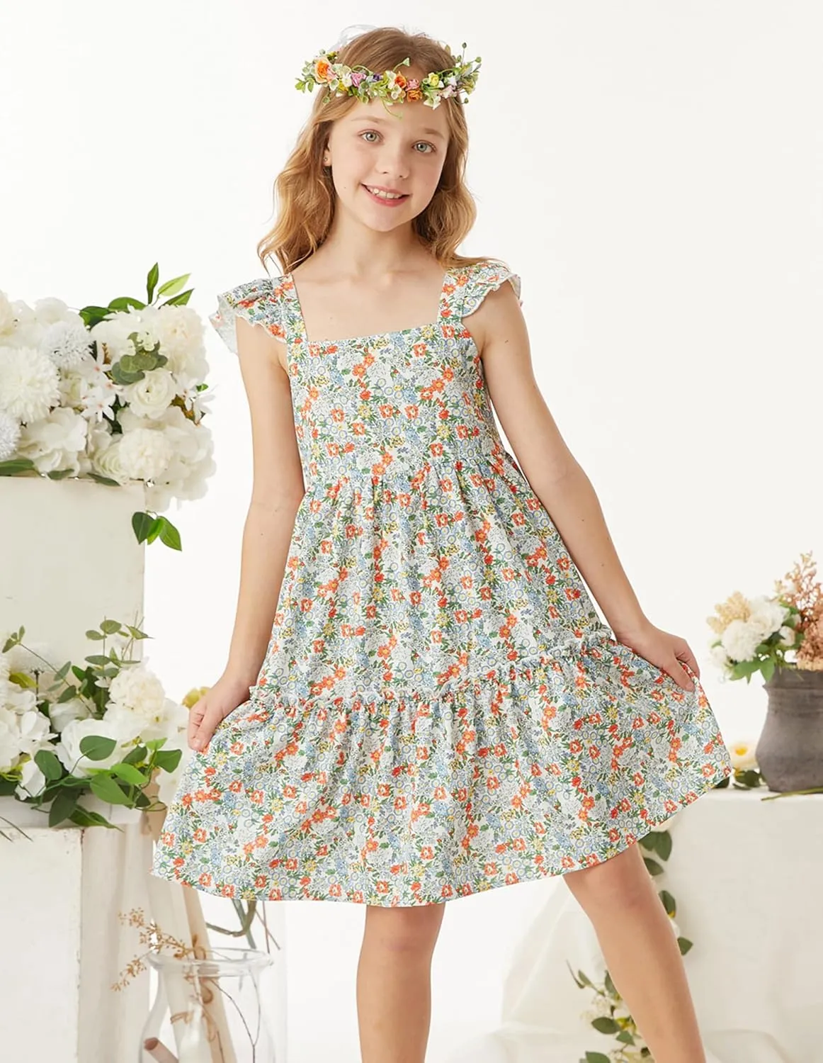 GRACE KARIN Girls Floral Dress Tie Back Flutter Sleeves Casual Summer Dress for 5-12Y