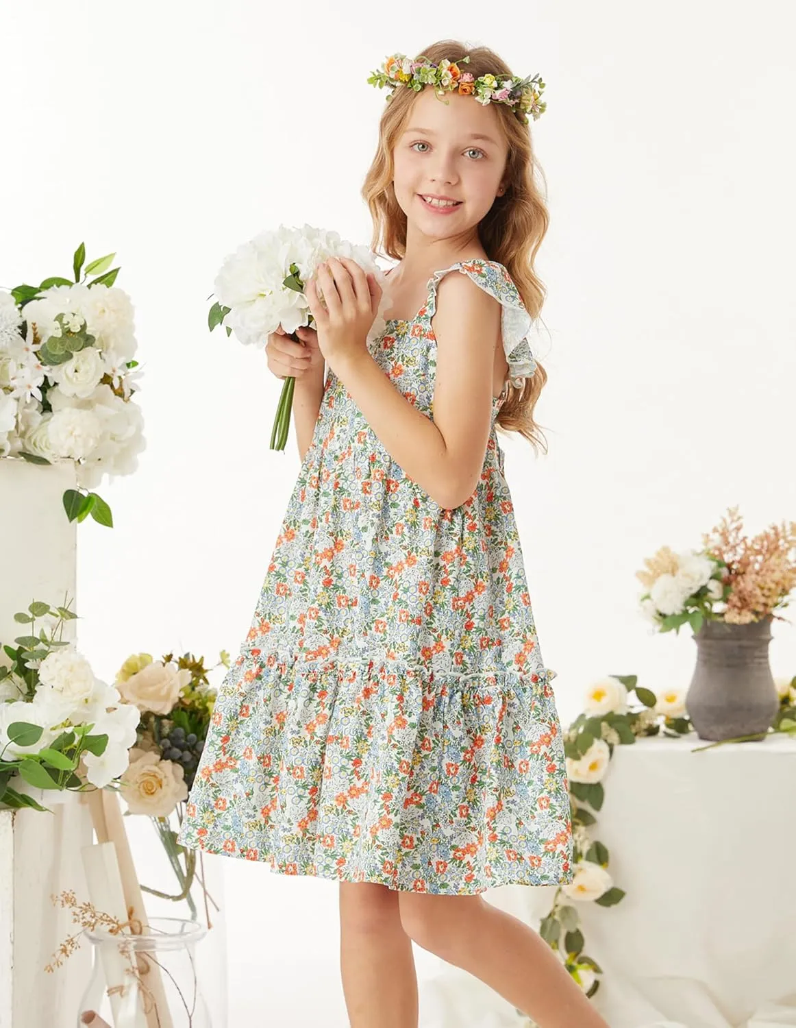 GRACE KARIN Girls Floral Dress Tie Back Flutter Sleeves Casual Summer Dress for 5-12Y