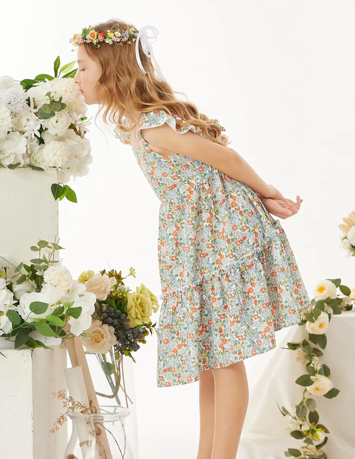 GRACE KARIN Girls Floral Dress Tie Back Flutter Sleeves Casual Summer Dress for 5-12Y