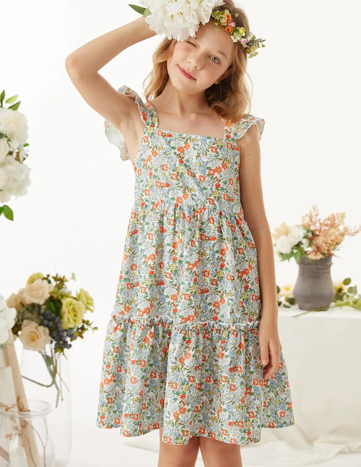 GRACE KARIN Girls Floral Dress Tie Back Flutter Sleeves Casual Summer Dress for 5-12Y