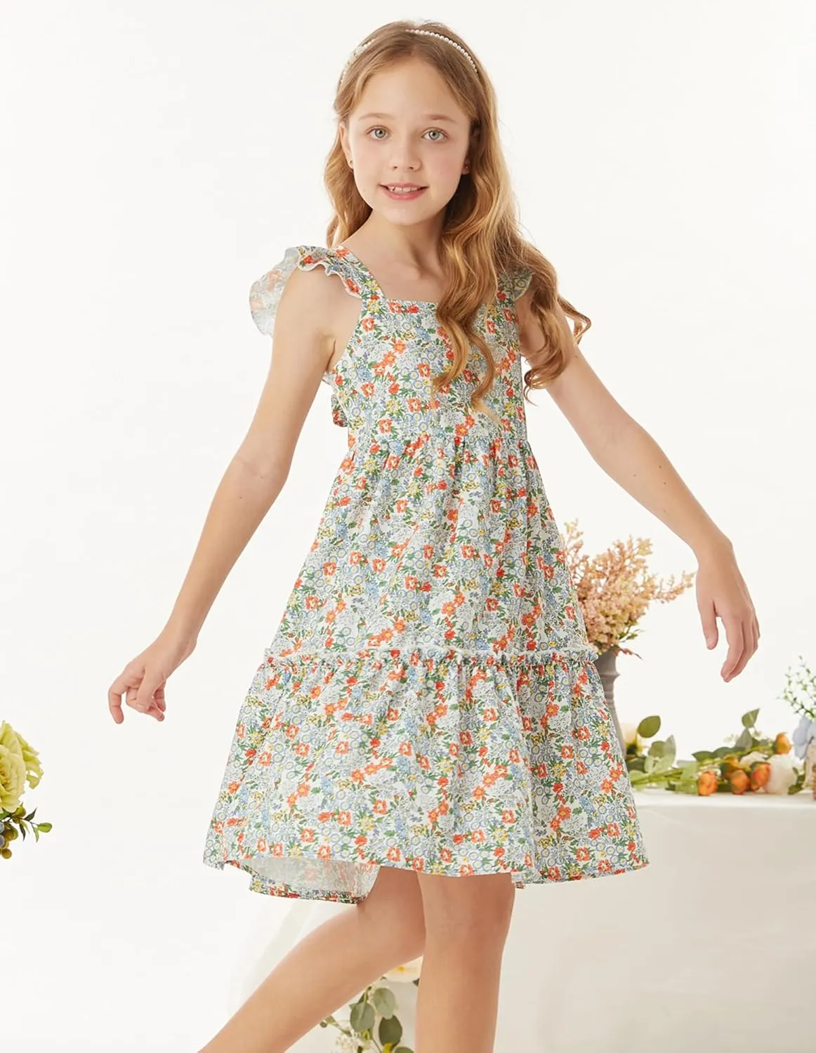 GRACE KARIN Girls Floral Dress Tie Back Flutter Sleeves Casual Summer Dress for 5-12Y