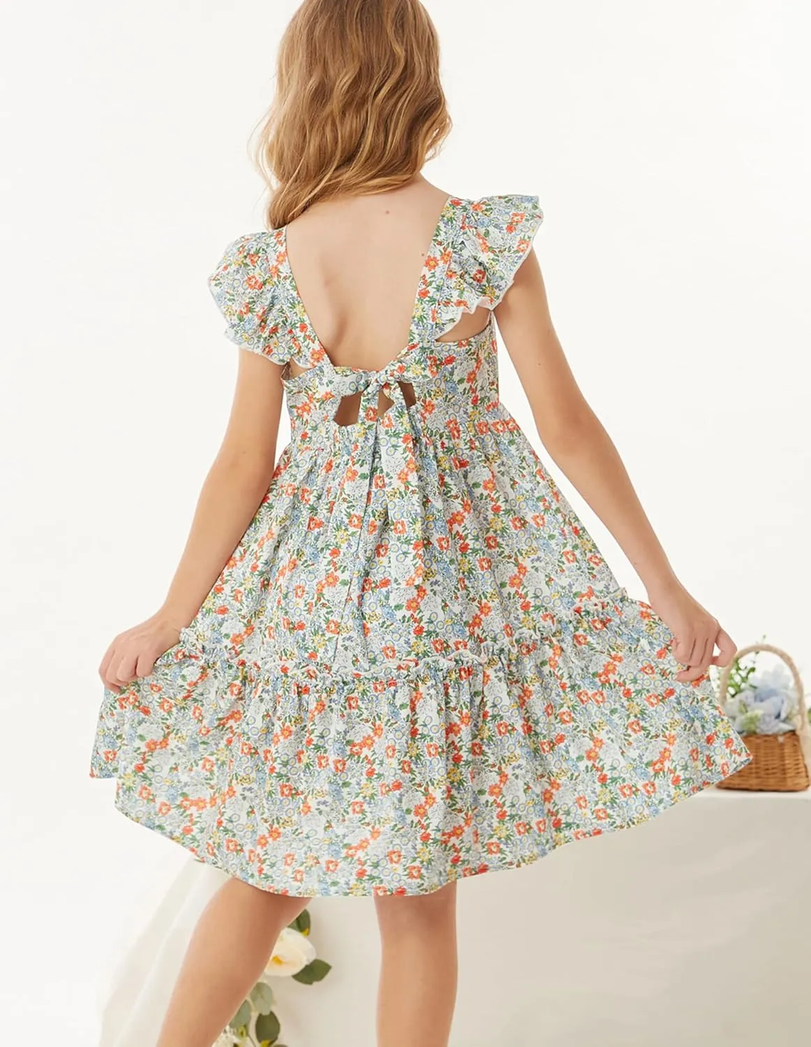 GRACE KARIN Girls Floral Dress Tie Back Flutter Sleeves Casual Summer Dress for 5-12Y