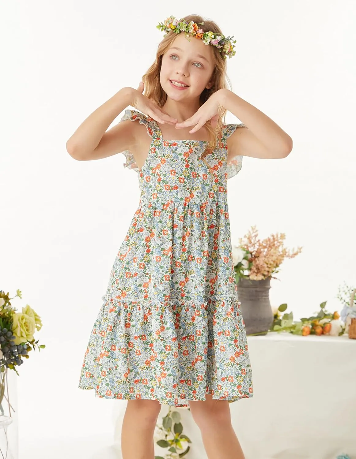 GRACE KARIN Girls Floral Dress Tie Back Flutter Sleeves Casual Summer Dress for 5-12Y