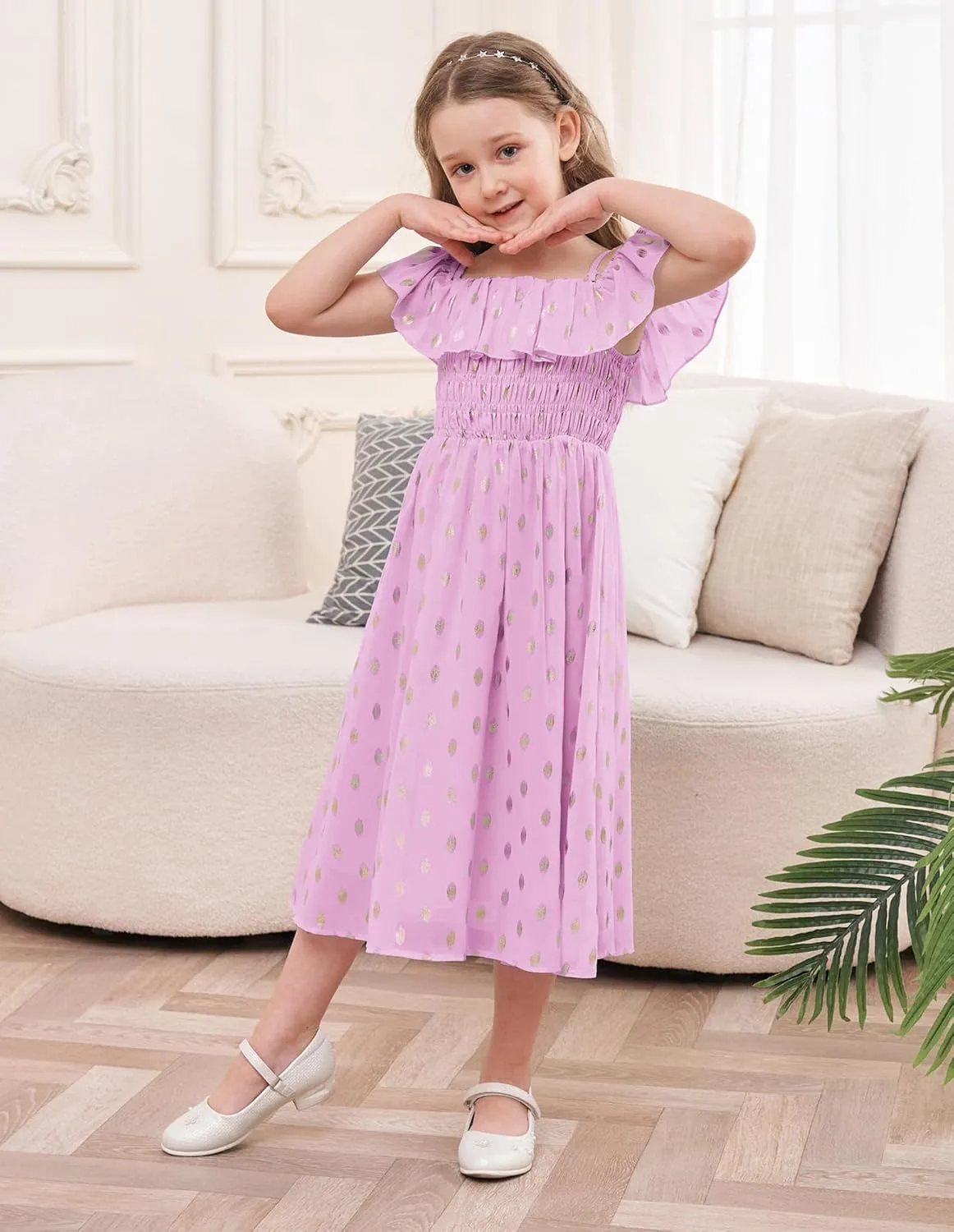 GRACE KARIN Girls Off Shoulder Dress Sleeveless Ruffle Spaghetti Straps Smocked A-Line Chiffon Dress 5-14Y