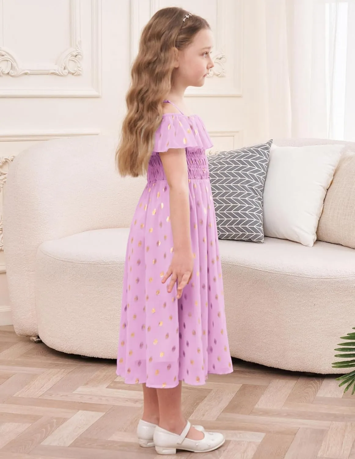 GRACE KARIN Girls Off Shoulder Dress Sleeveless Ruffle Spaghetti Straps Smocked A-Line Chiffon Dress 5-14Y