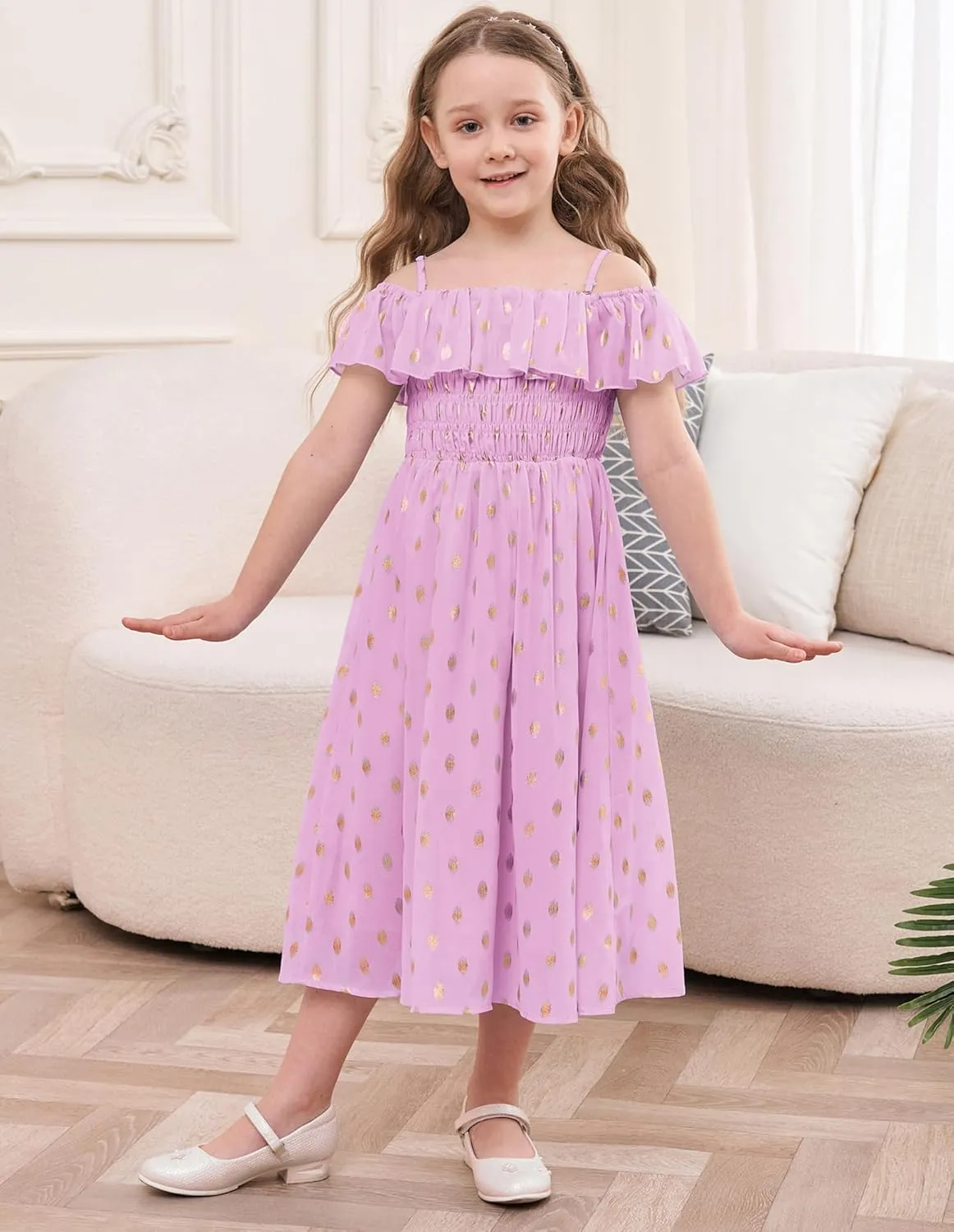 GRACE KARIN Girls Off Shoulder Dress Sleeveless Ruffle Spaghetti Straps Smocked A-Line Chiffon Dress 5-14Y