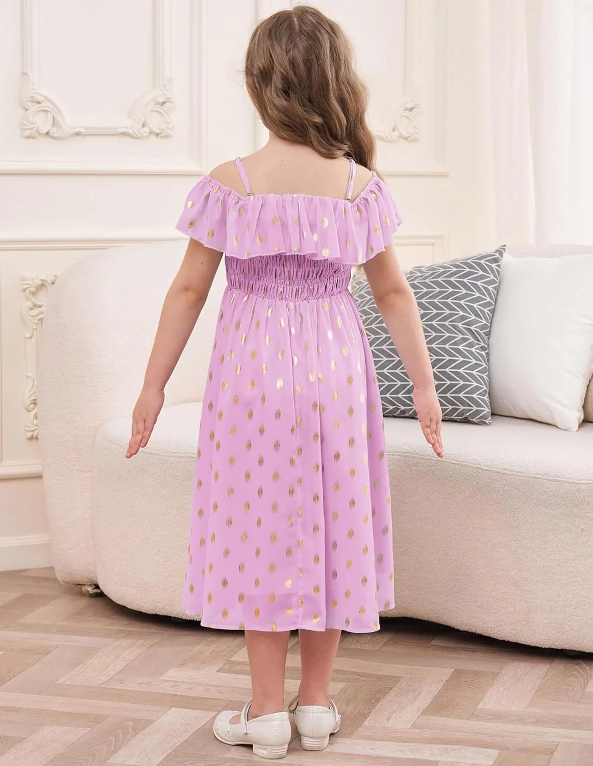 GRACE KARIN Girls Off Shoulder Dress Sleeveless Ruffle Spaghetti Straps Smocked A-Line Chiffon Dress 5-14Y