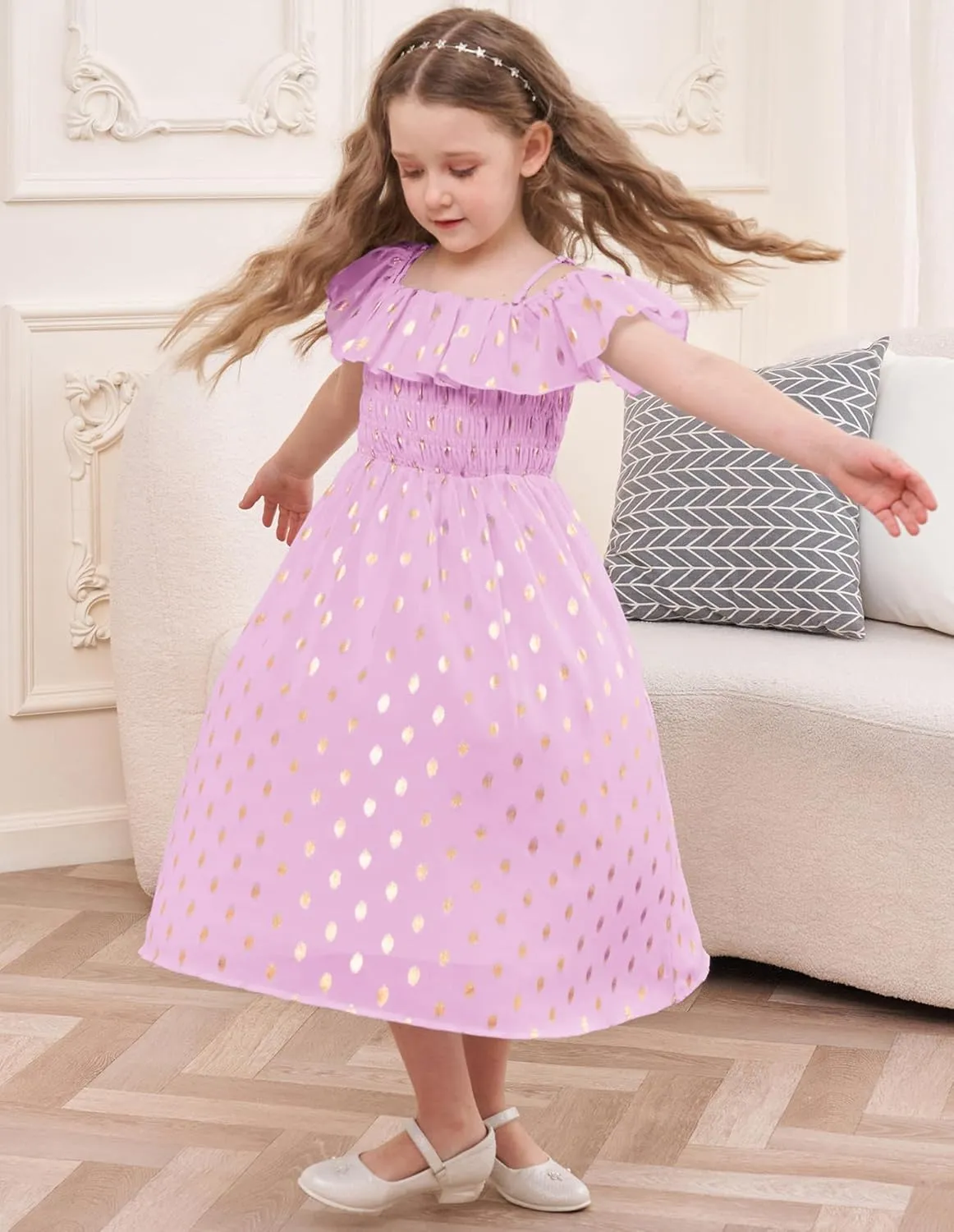 GRACE KARIN Girls Off Shoulder Dress Sleeveless Ruffle Spaghetti Straps Smocked A-Line Chiffon Dress 5-14Y