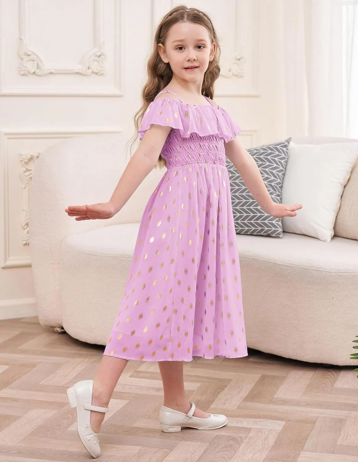 GRACE KARIN Girls Off Shoulder Dress Sleeveless Ruffle Spaghetti Straps Smocked A-Line Chiffon Dress 5-14Y