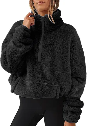 Gumipy Quarter Zip Pullover Women Stand Colar Thick Fleece Half Zip Pullover Trendy Drop Shoulder Cropped Sweater with Pocket