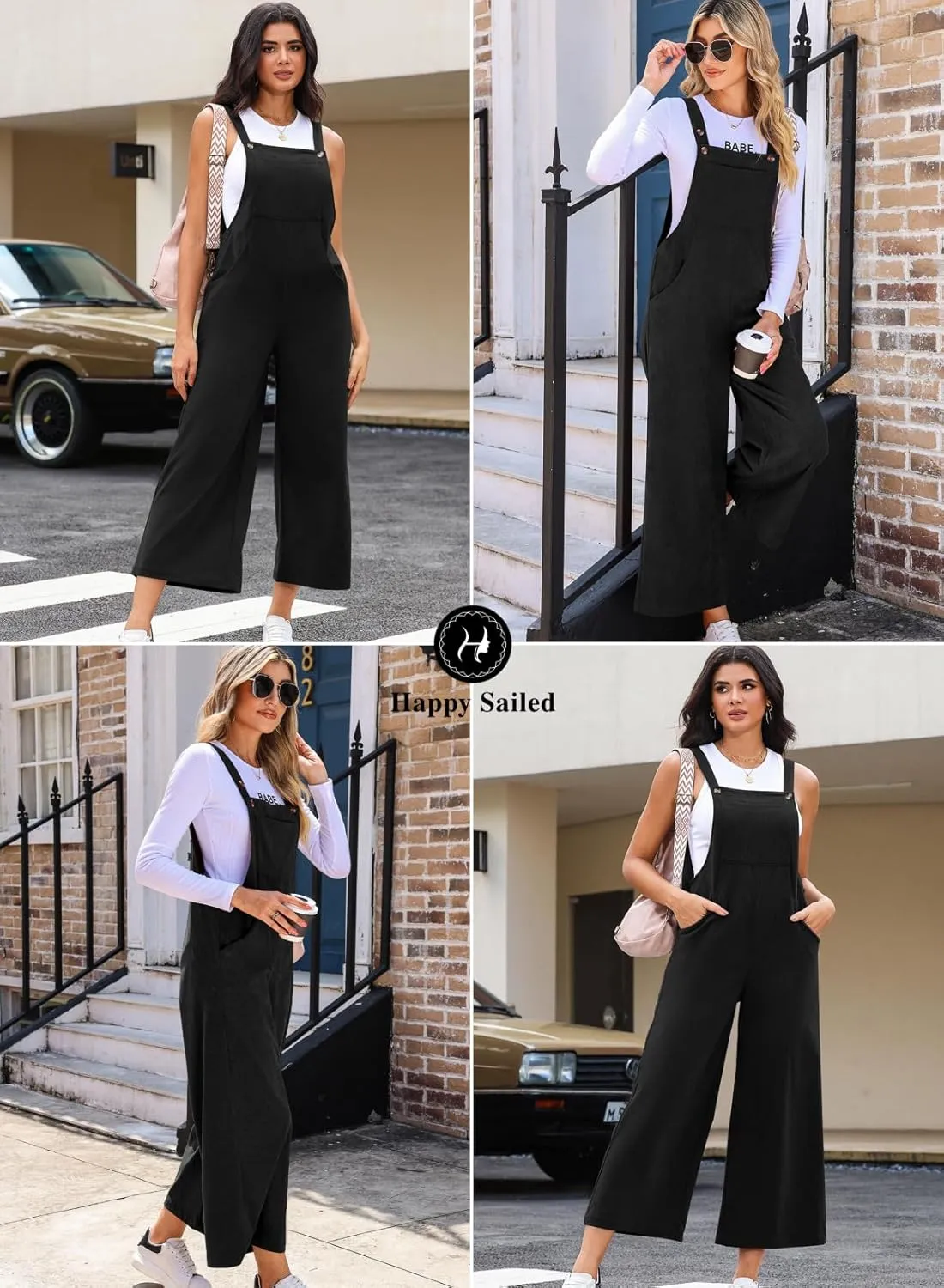 Happy Sailed Women Corduroy Overalls Casual Loose Sleeveless Adjustable Strap Wide Leg Jumpsuits with Pockets