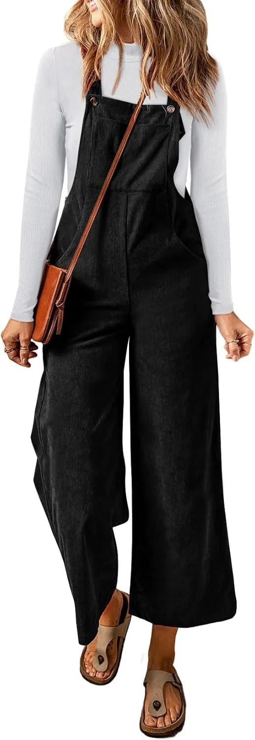 Happy Sailed Women Corduroy Overalls Casual Loose Sleeveless Adjustable Strap Wide Leg Jumpsuits with Pockets
