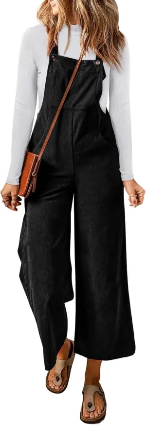 Happy Sailed Women Corduroy Overalls Casual Loose Sleeveless Adjustable Strap Wide Leg Jumpsuits with Pockets