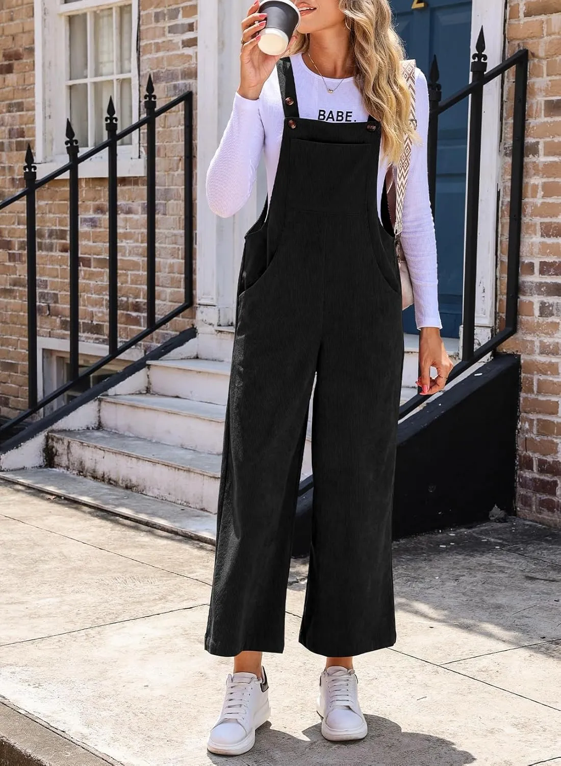 Happy Sailed Women Corduroy Overalls Casual Loose Sleeveless Adjustable Strap Wide Leg Jumpsuits with Pockets