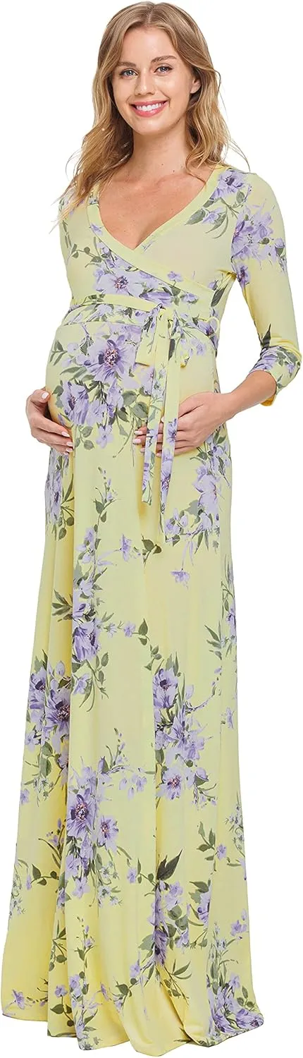HELLO MIZ Women's Faux Wrap Maxi Maternity Dress with Belt - Made in USA