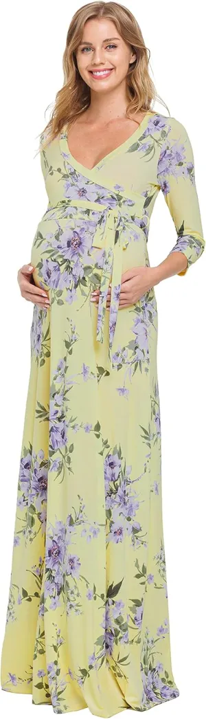 HELLO MIZ Women's Faux Wrap Maxi Maternity Dress with Belt - Made in USA