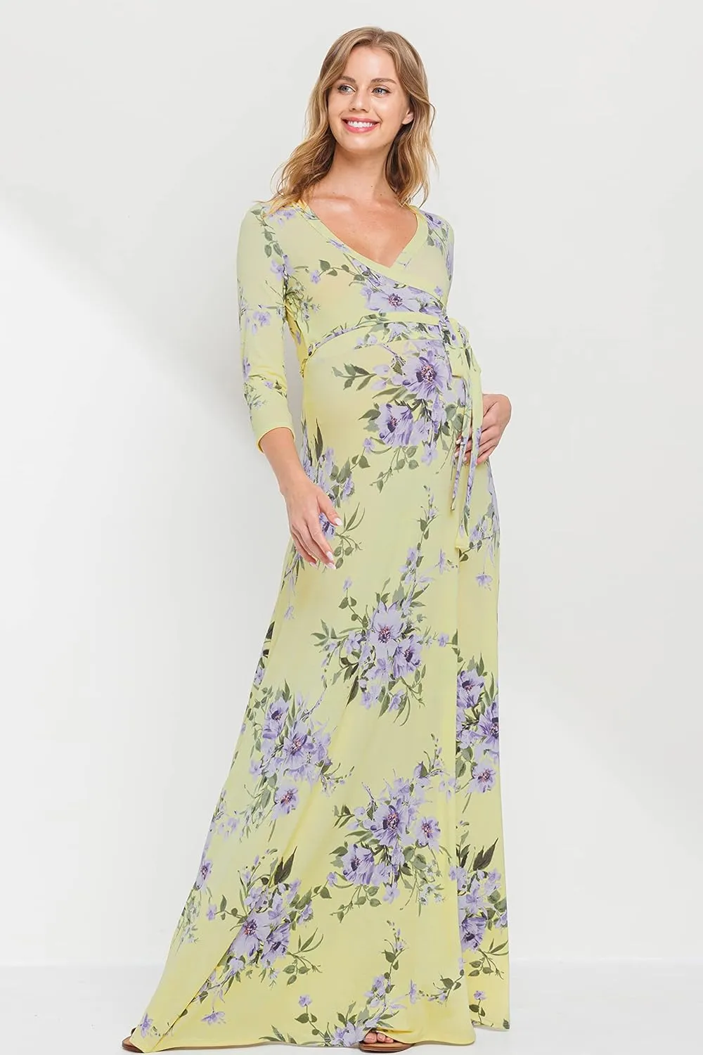 HELLO MIZ Women's Faux Wrap Maxi Maternity Dress with Belt - Made in USA