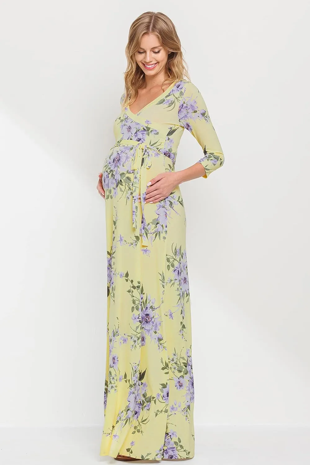 HELLO MIZ Women's Faux Wrap Maxi Maternity Dress with Belt - Made in USA