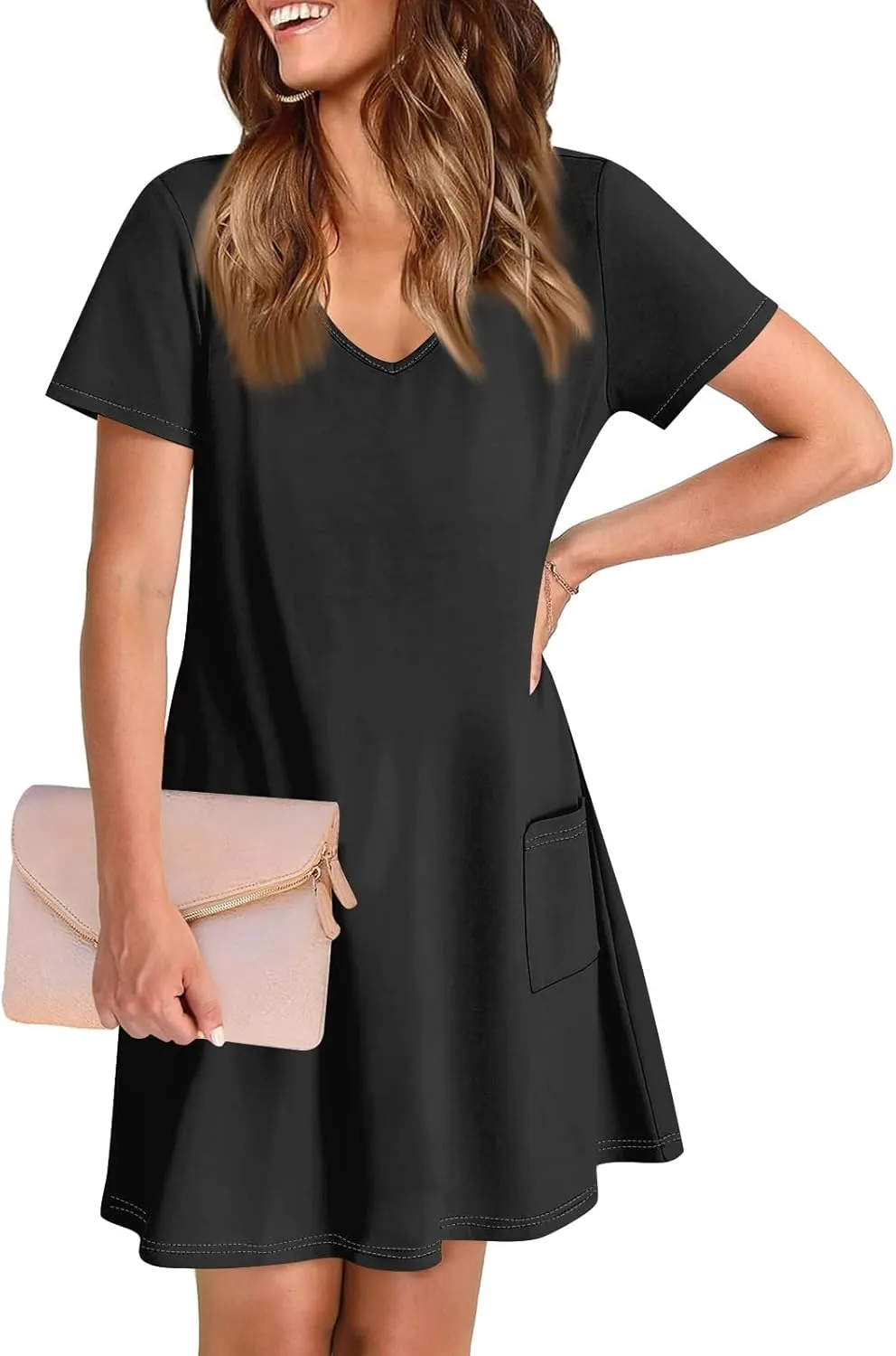 HHmei Summer Dresses for Women Loose V Neck Short Sleeve Casual T Shirt Dress Sundresses Swimsuit Coverup with Pockets