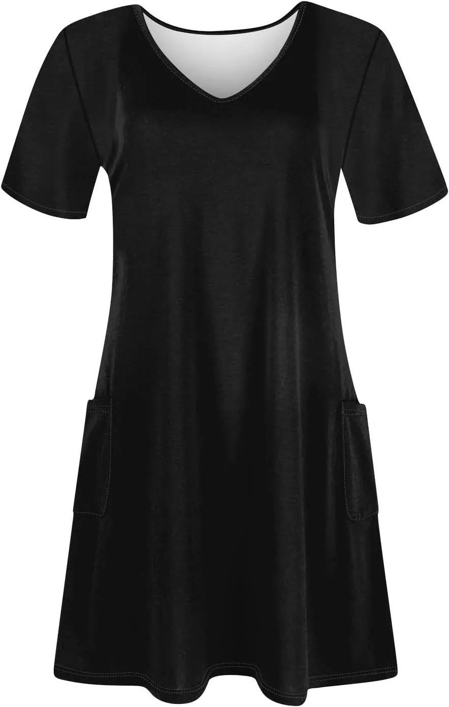 HHmei Summer Dresses for Women Loose V Neck Short Sleeve Casual T Shirt Dress Sundresses Swimsuit Coverup with Pockets