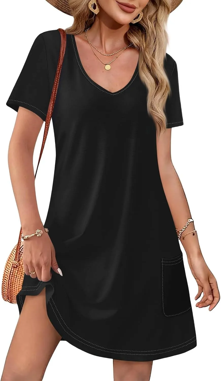HHmei Summer Dresses for Women Loose V Neck Short Sleeve Casual T Shirt Dress Sundresses Swimsuit Coverup with Pockets