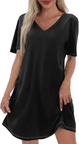 HHmei Summer Dresses for Women Loose V Neck Short Sleeve Casual T Shirt Dress Sundresses Swimsuit Coverup with Pockets
