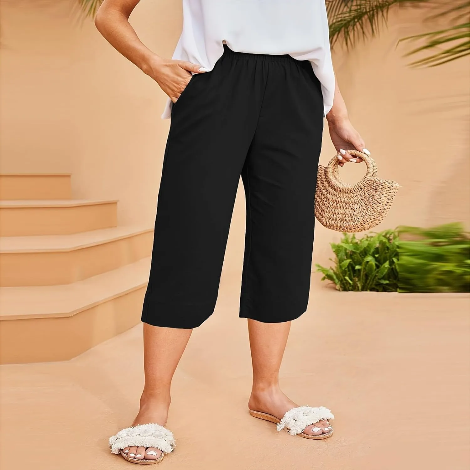 High Waisted Cotton Linen Capri Pants Women - Plus Size High Rise Breathable Trousers with Pocket for Summer Beach