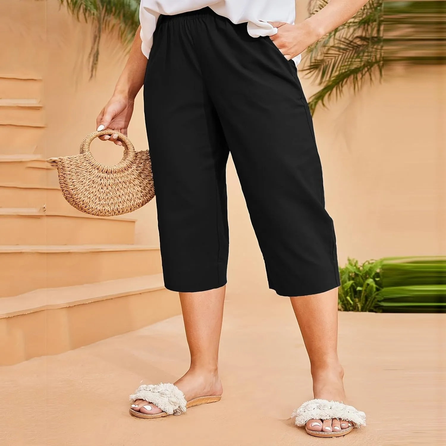 High Waisted Cotton Linen Capri Pants Women - Plus Size High Rise Breathable Trousers with Pocket for Summer Beach