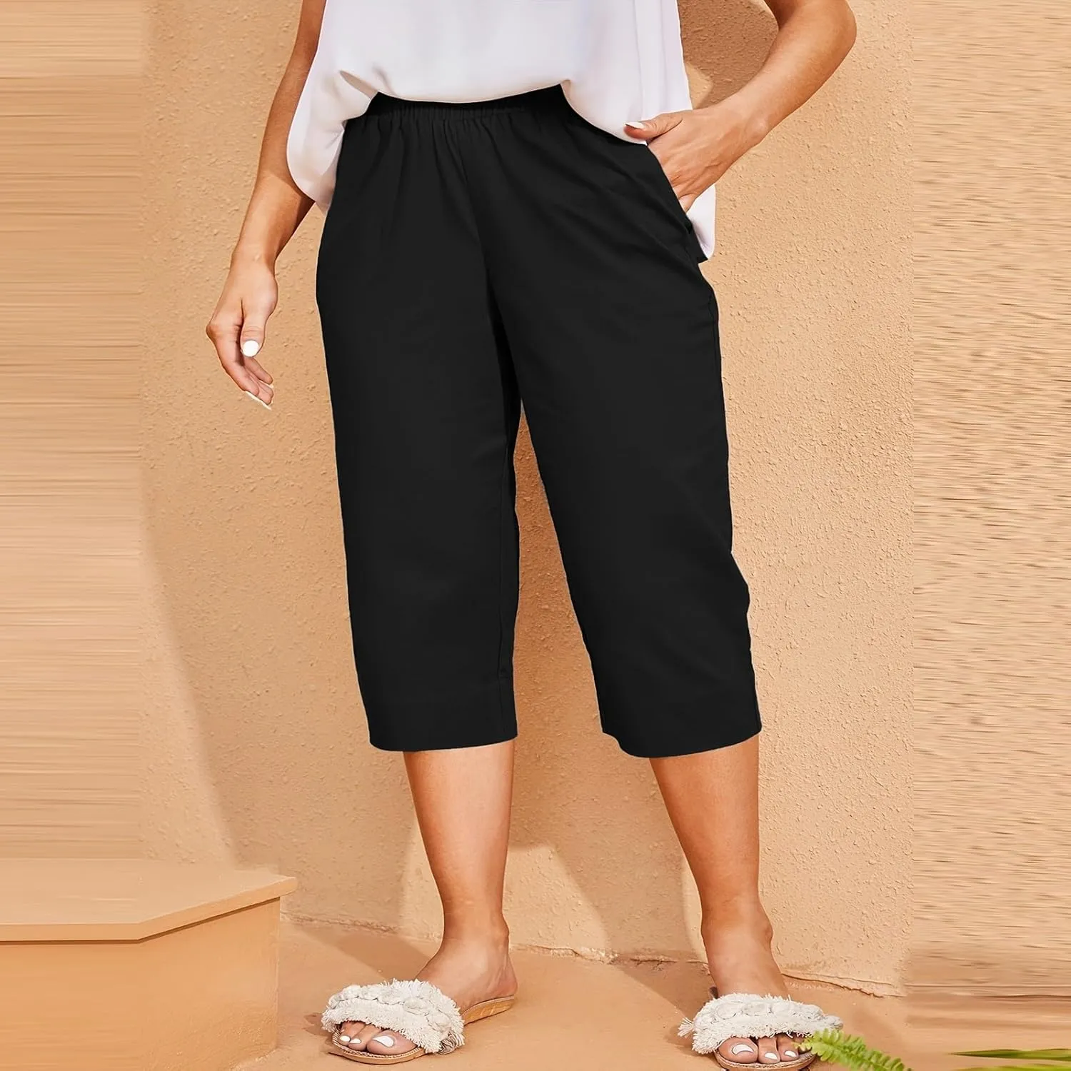 High Waisted Cotton Linen Capri Pants Women - Plus Size High Rise Breathable Trousers with Pocket for Summer Beach