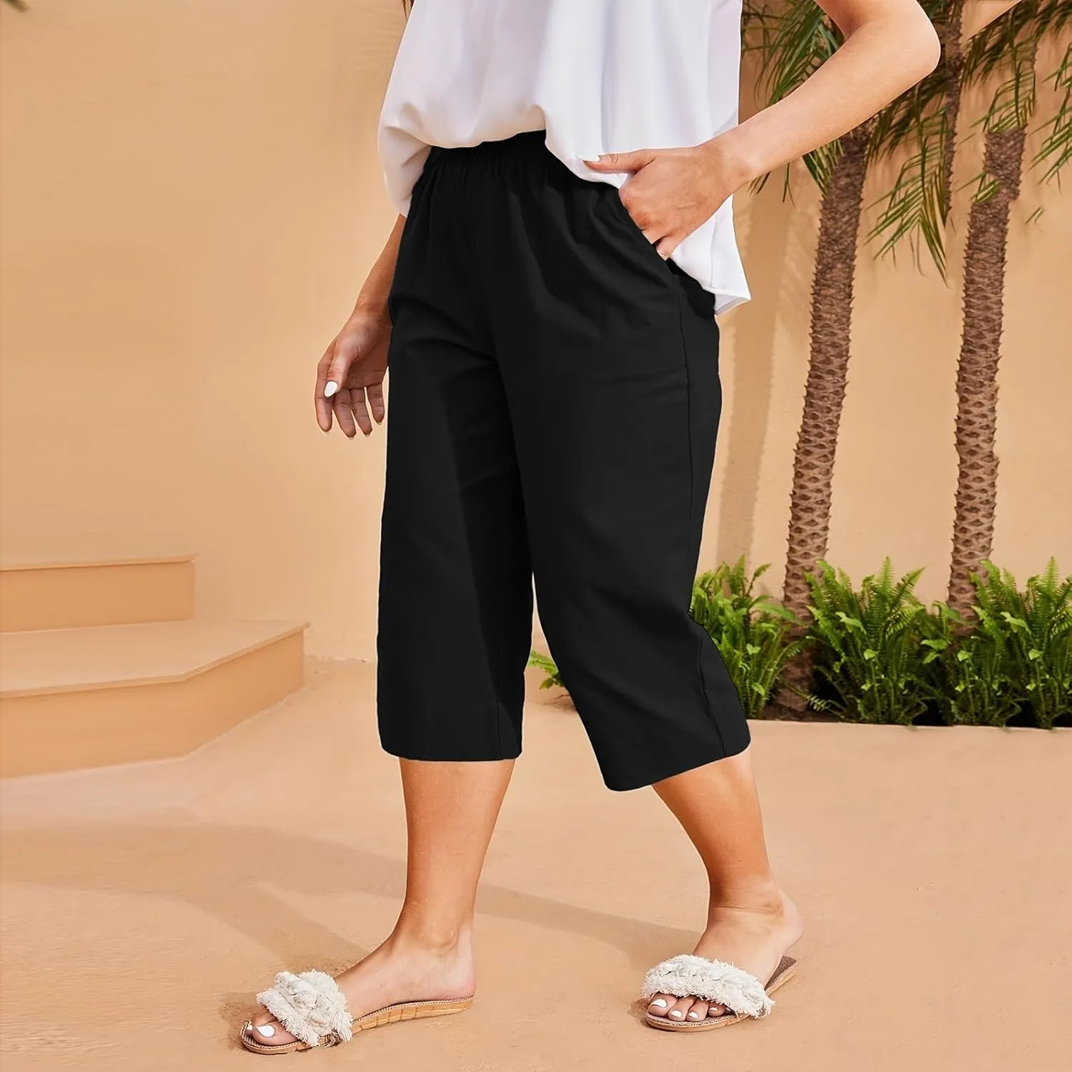 High Waisted Cotton Linen Capri Pants Women - Plus Size High Rise Breathable Trousers with Pocket for Summer Beach