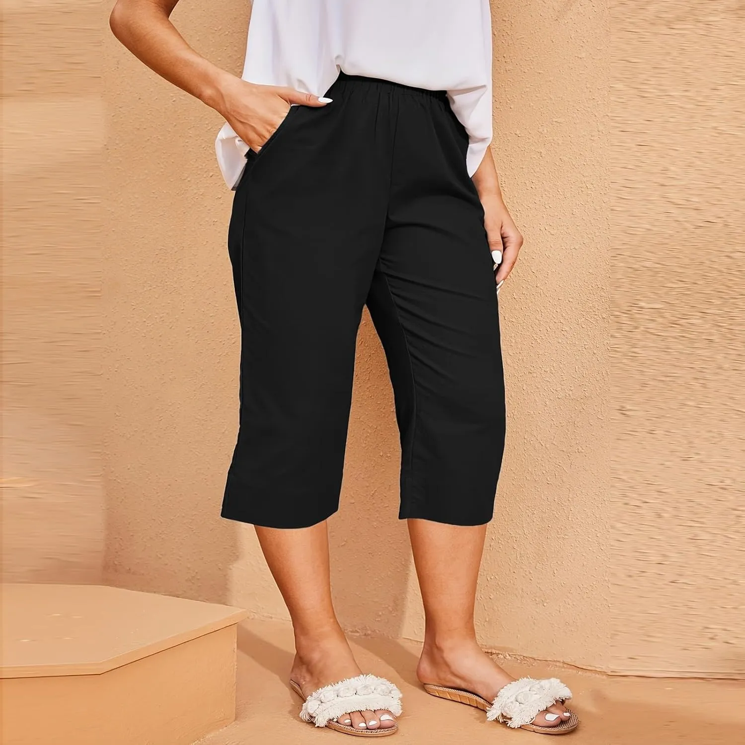 High Waisted Cotton Linen Capri Pants Women - Plus Size High Rise Breathable Trousers with Pocket for Summer Beach