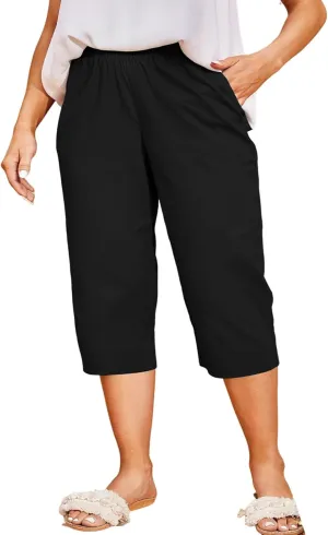 High Waisted Wide Leg Cotton Linen Capri Pants for Women - Breathable Trousers with Pocket for Summer Beach Casual