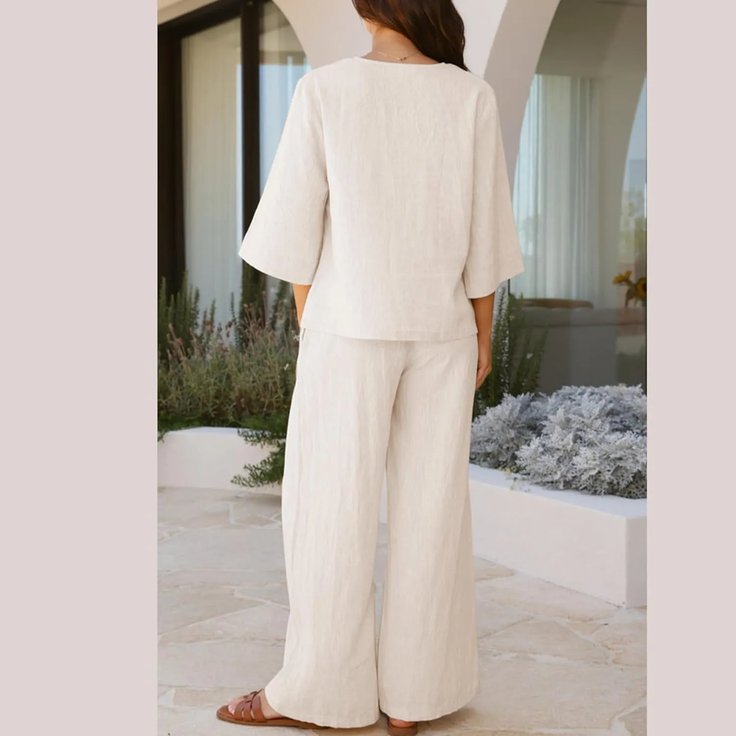 Hixiaohe Womens 2 Piece Outfits Casual 3/4 Sleeve V Neck Tops Wide Leg Pants Linen Lounge Sets Tracksuits Travel Outfits