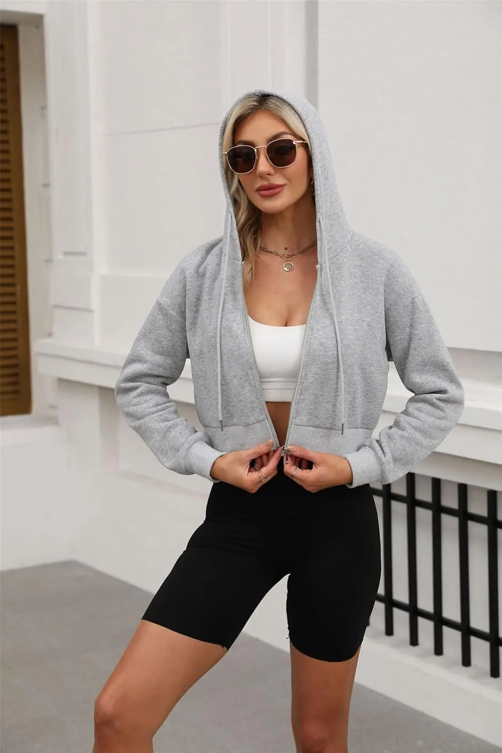 Hooded Sweatshirt Women with Zipper Cropped,Zipper Hooded Drawstring Solid Color Short Long Sleeve Sweatshirt