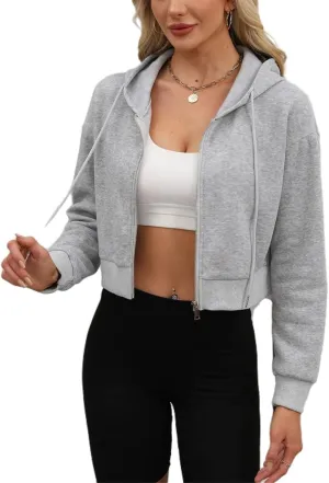 Hooded Sweatshirt Women with Zipper Cropped,Zipper Hooded Drawstring Solid Color Short Long Sleeve Sweatshirt