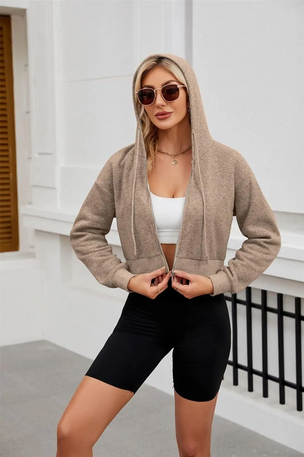 Hooded Sweatshirt Women with Zipper Cropped,Zipper Hooded Drawstring Solid Color Short Long Sleeve Sweatshirt