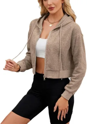 Hooded Sweatshirt Women with Zipper Cropped,Zipper Hooded Drawstring Solid Color Short Long Sleeve Sweatshirt