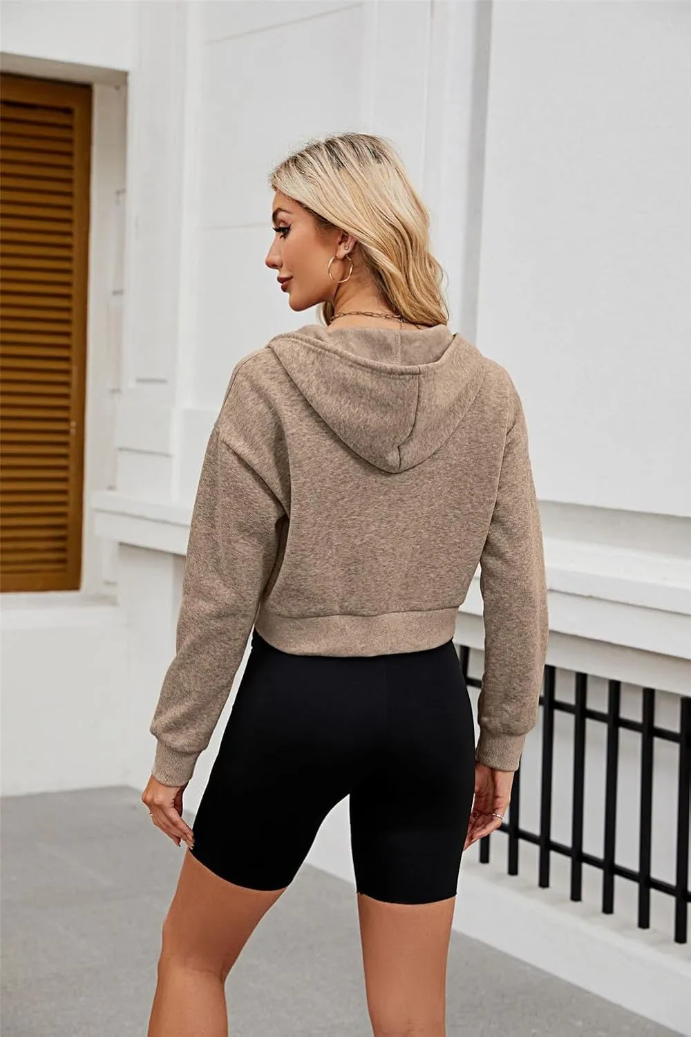 Hooded Sweatshirt Women with Zipper Cropped,Zipper Hooded Drawstring Solid Color Short Long Sleeve Sweatshirt