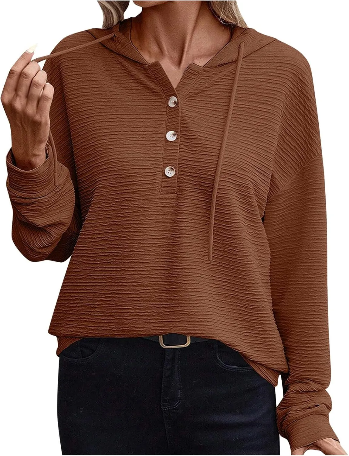 Hoodies for Women Drawstring Button Down V Neck Long Sleeve Casual Pullover Sweatshirt Hooded Spring Fall Tops 2024