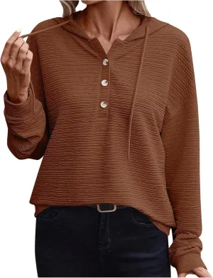 Hoodies for Women Drawstring Button Down V Neck Long Sleeve Casual Pullover Sweatshirt Hooded Spring Fall Tops 2024
