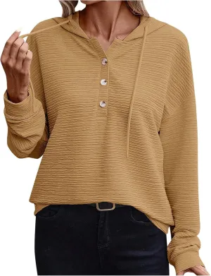 Hoodies for Women Drawstring Button Down V Neck Long Sleeve Casual Pullover Sweatshirt Hooded Spring Fall Tops 2024