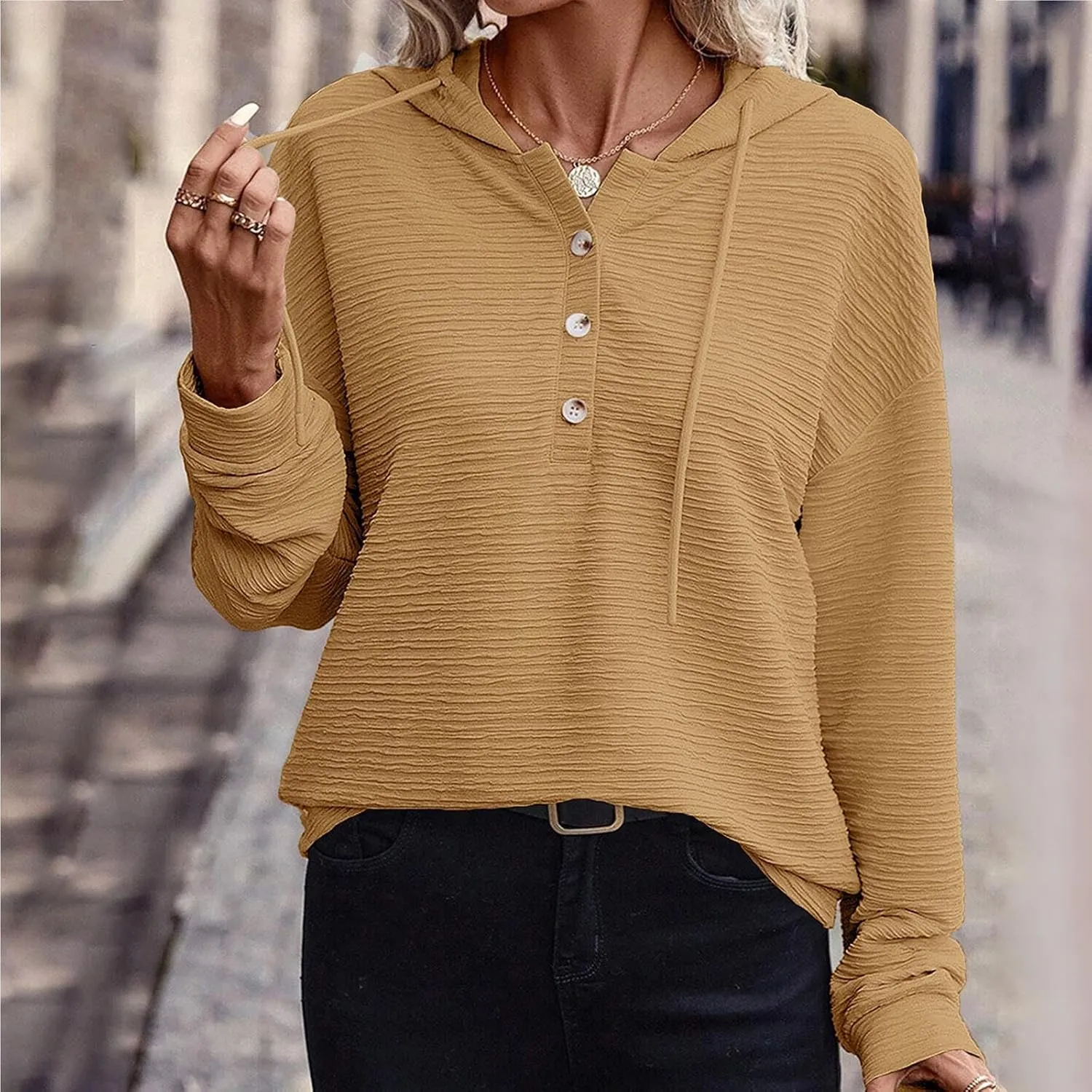 Hoodies for Women Drawstring Button Down V Neck Long Sleeve Casual Pullover Sweatshirt Hooded Spring Fall Tops 2024